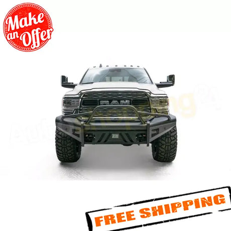 Fab Fours Black Steel Elite Front bumper DR19-Q4462-1 on a rugged RAM truck, showcasing its durable and sleek design, with the text "Free Shipping" highlighted.