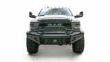 Front view of a white RAM truck equipped with a Fab Fours Black Steel Elite Front bumper, showcasing its durable and rugged black steel construction against a white background.