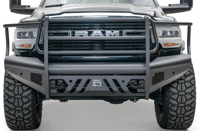 Front view of a truck featuring the DR19-S4460-1 Fab Fours Black Steel Front Bumper for enhanced protection and style, ideal for off-road adventures and rugged terrains, compatible with various vehicle models, Bumpers, Grilles & Guards, AVADA - Best Sellers, Must Haves