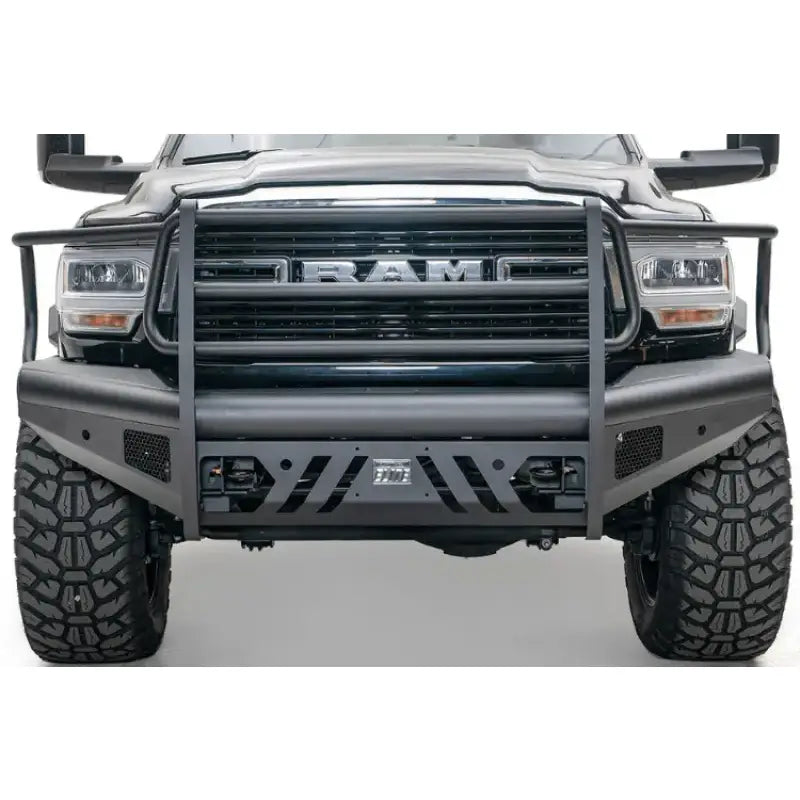Front view of a truck featuring the DR19-S4460-1 Fab Fours Black Steel Front Bumper for enhanced protection and style, ideal for off-road adventures and rugged terrains, compatible with various vehicle models, Bumpers, Grilles & Guards, AVADA - Best Sellers, Must Haves