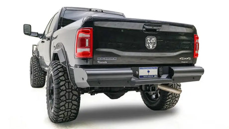 DR19-U4450-1 Fab Fours Black Steel Elite Rear bumper on a black truck, showcasing its high-quality black steel construction and rugged, aggressive design, ideal for off-road challenges and superior rear-end protection, Bumpers, Grilles & Guards, AVADA - Best Sellers, Must Haves