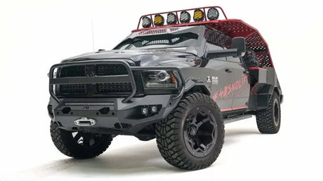 DR19-X4450-1 Fab Fours 2019 Dodge HD Matrix Full Guard on a customized Dodge RAM 3500 truck showcasing rugged protection and aggressive styling.
