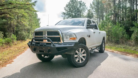 DR94-RS1562-1 Fab Fours bumper on a white Dodge 2500-3500 HD, designed for off-road and heavy-duty use, enhancing vehicle protection and rugged styling, Bumpers, Grilles & Guards, AVADA - Best Sellers, Must Haves