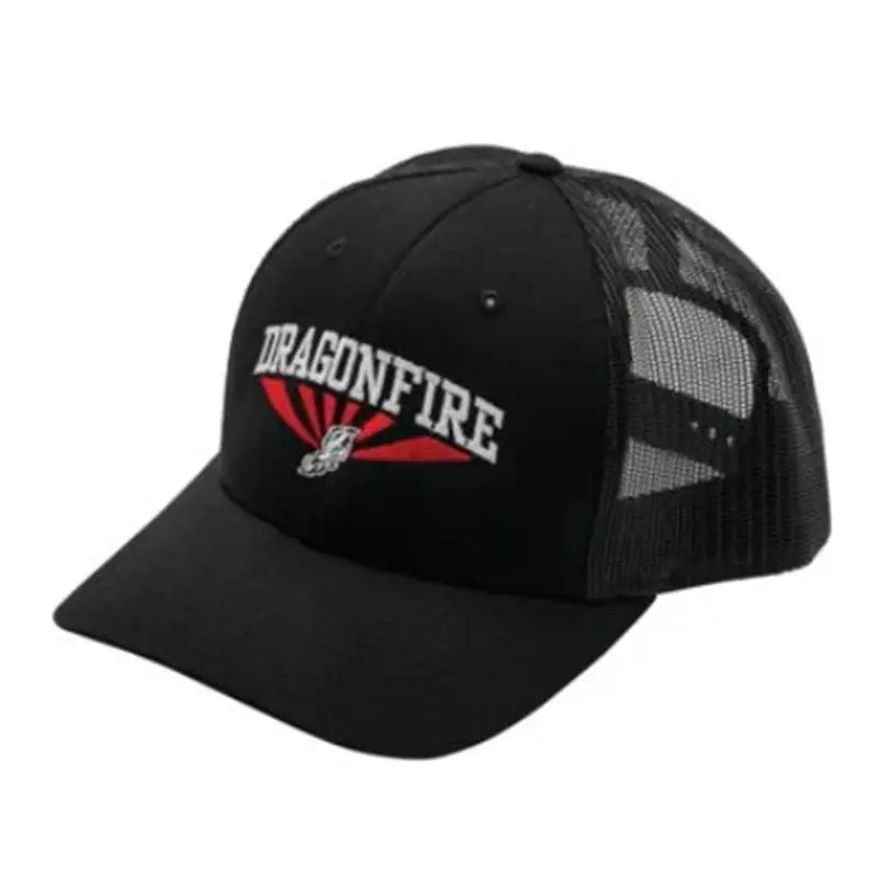 Black trucker hat with Dragonfire Racing DFR logo perfect for racing fans