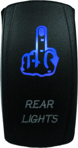 Black lighted switch with blue middle finger graphic for DragonFire Racing rear light
