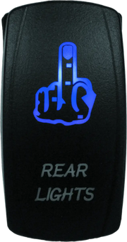 Black lighted switch with blue middle finger graphic for DragonFire Racing rear light