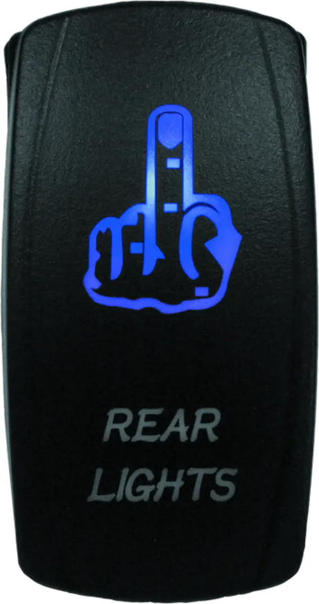 Black lighted switch with blue middle finger graphic for DragonFire Racing rear light