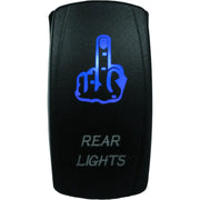 Black lighted switch with blue middle finger graphic for DragonFire Racing rear light