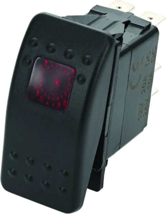 Black rocker switch with red indicator from DragonFire Racing Lighted Switch line