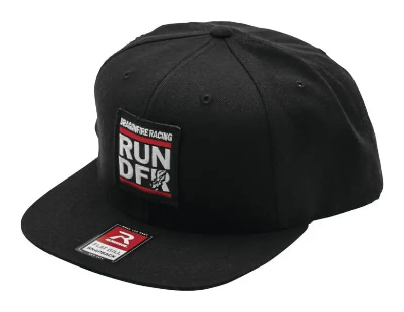 Black flat-brimmed cap featuring DragonFire Racing Run DFR patch for racing run fans
