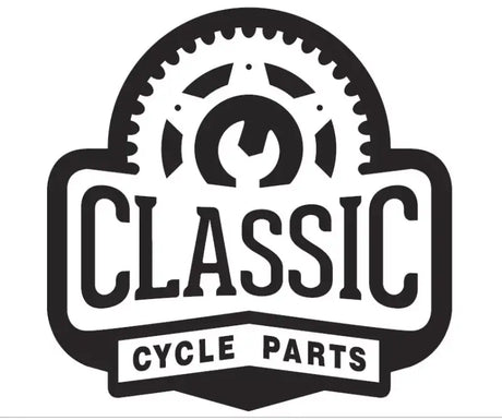 Classic Cycle Parts logo in black and white with a wrench inside a gear.