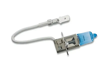 Blue-tinted halogen fog light bulb with wiring for driving and fog lights