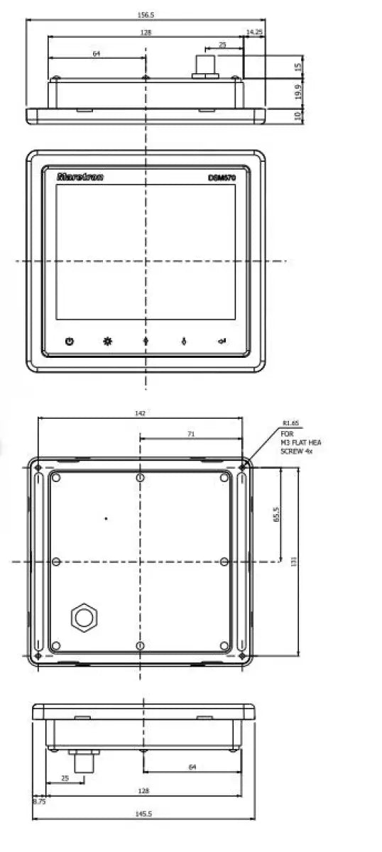 Technical drawing of DSM570-01 Maretron 5.7 high bright color display device