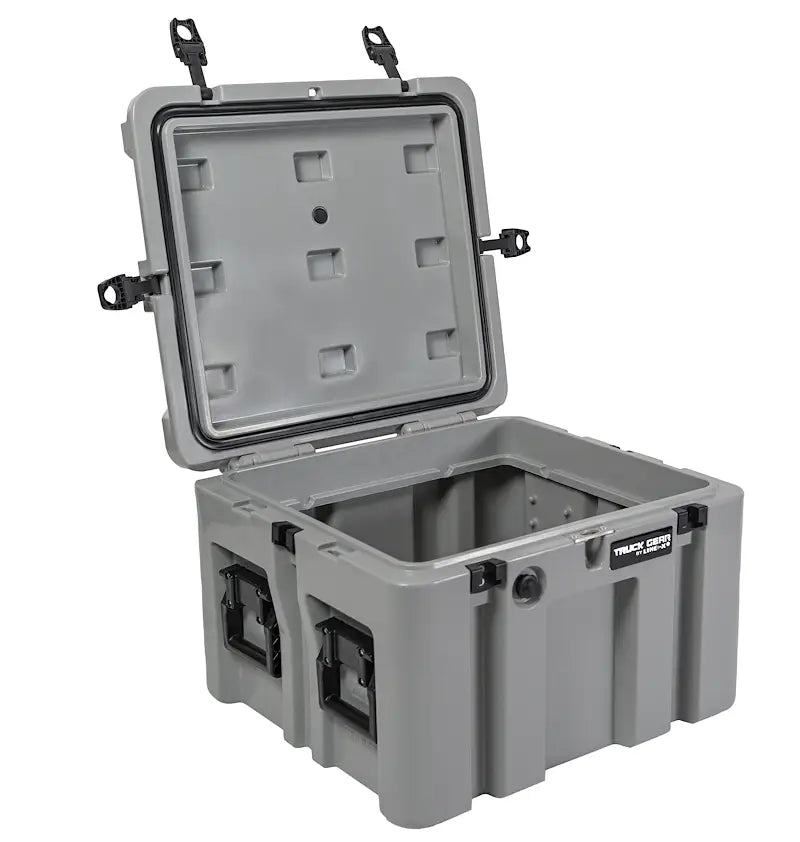 Open gray plastic storage case with latches and gasket seal for truck gear STRCS80