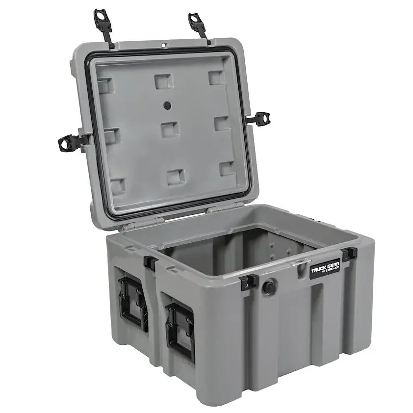 Open gray plastic storage case with latches and gasket seal for truck gear STRCS80