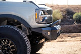 DV8 Offroad MTO Series front bumper for 2021+ Ford Bronco, winch-capable with optional bull bar and aux light openings.