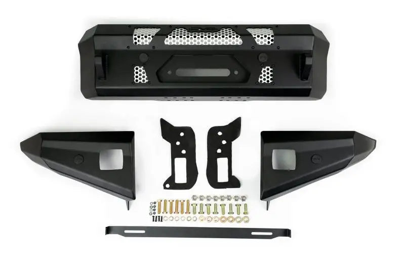 DV8 Offroad 2021+ Ford Bronco Front Bumper Winch Capable with Optional Bull Bar and Aux Light Opening, high-grade steel, MTO Series, factory sensor retention, winch and light bar mounting, black finish.