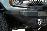 DV8 Offroad 2021+ Ford Bronco Modular Front Bumper Winch Capable with Auxiliary Light Mounts, close-up view.