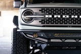 DV8 Offroad Competition Series Front Bumper on 2021-2022 Ford Bronco displaying low-profile, robust protection with skid plate and bolt-on side gussets.