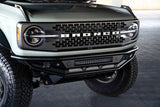 DV8 Offroad Competition Series Front Bumper on 2021-2022 Ford Bronco, featuring a low profile design with a steel skid plate and bolt-on side gussets for enhanced protection.