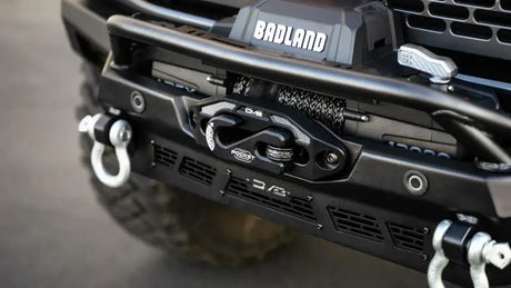 DV8 Offroad Spec Series Front Bumper on 2021-2023 Ford Bronco with winch mount and bull bar.