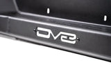 DV8 Offroad 21-23 Ford F-150 MTO Series Rear Bumper close-up showcasing branding and steel construction.