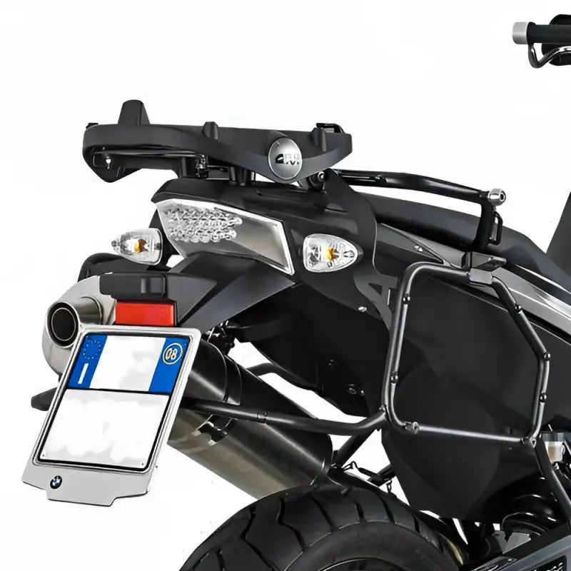 Rear view of motorcycle with E194 Top Case Hardware for hard luggage mounting