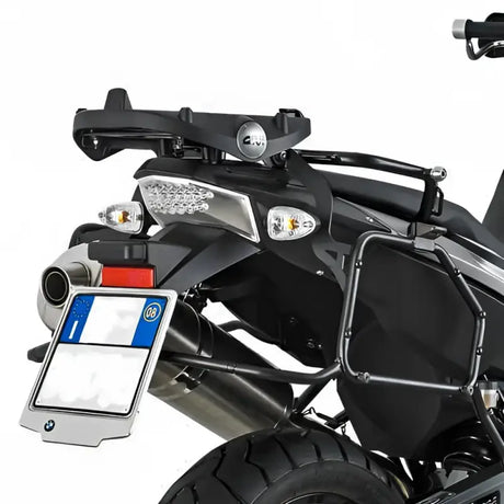Rear view of motorcycle with E194 Top Case Hardware for hard luggage mounting