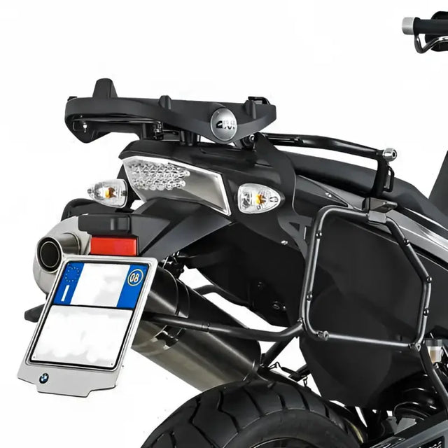 Rear view of motorcycle with E194 Top Case Hardware for hard luggage mounting