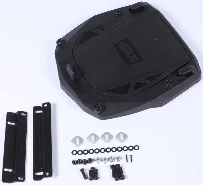 Black motorcycle top case mounting plate with hardware for hard luggage mounting