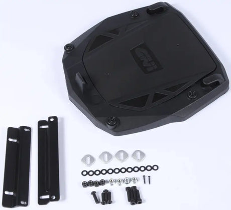 Black motorcycle top case mounting plate with hardware for hard luggage mounting