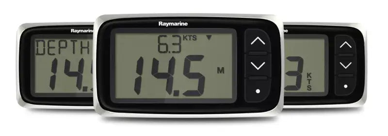 Three Raymarine marine instruments featuring wind i40 display and i40 display functionality
