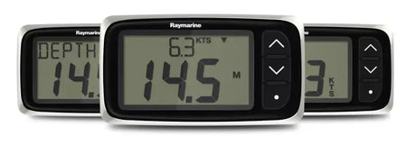 Three Raymarine marine instruments featuring wind i40 display and i40 display functionality