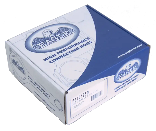 Eagle Chevrolet LS 4340 I-Beam Connecting Rod 6.125in (Set of 8) in packaging showcasing high performance branding.