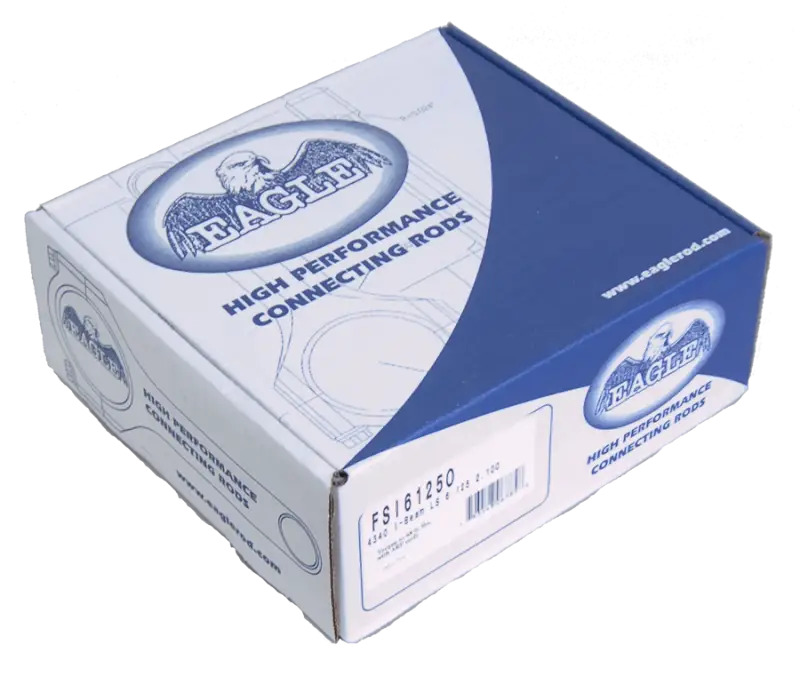 Eagle Chevrolet LS 4340 I-Beam Connecting Rod 6.125in (Set of 8) in packaging showcasing high performance branding.