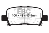 Black and white diagram of EBC 00-02 Acura MDX rear brake pads with dimensions 100x42x15.5mm