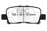 Technical drawing of EBC Greenstuff rear brake pads with dimensions for Acura MDX