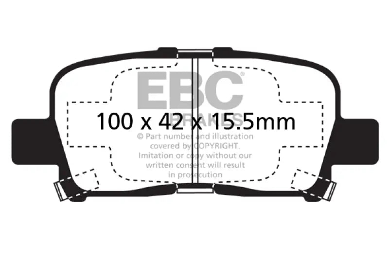Technical drawing of EBC Greenstuff rear brake pads with dimensions for Acura MDX