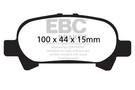Black and white diagram of EBC Greenstuff Rear Brake Pads 100x44x15mm