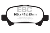 Black and white diagram of EBC Greenstuff rear brake pads with 100x44x15mm size