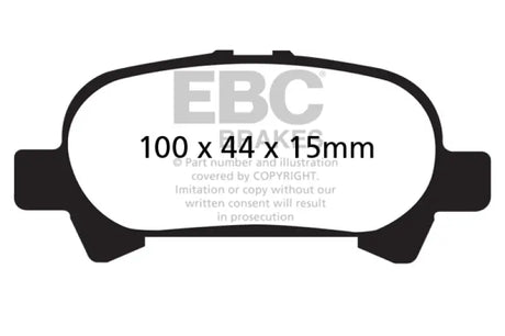 Black and white diagram of EBC Greenstuff rear brake pads with 100x44x15mm size