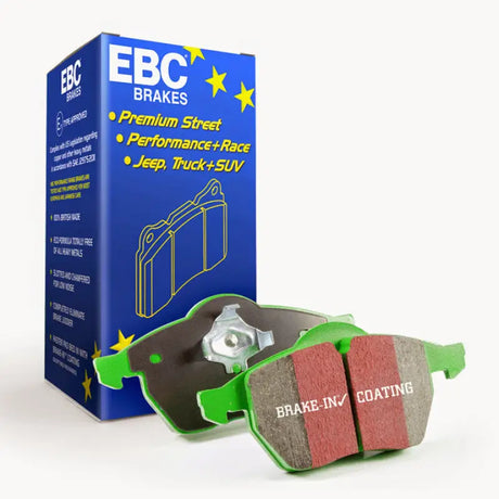 Greenstuff rear brake pads with textured red surface and EBC Brakes box for Toyota Avalon