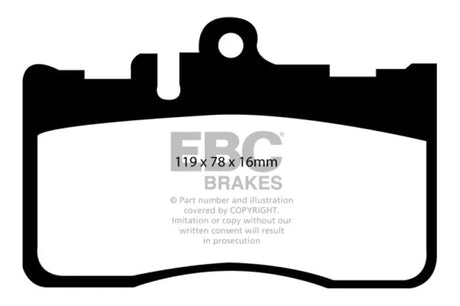 Black and white diagram of EBC Redstuff brake pads for Lexus LS430 119x78x16mm