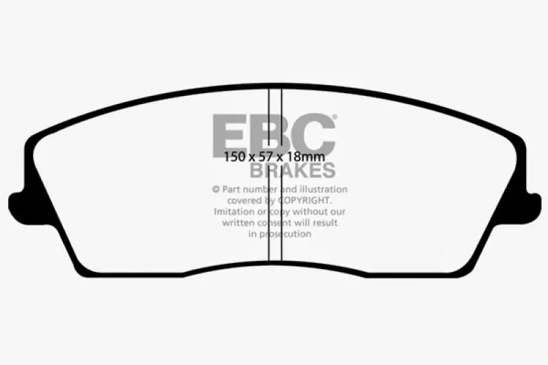 Black and white diagram of EBC Ultimax2 brake pads for Chrysler 300 2.7, 150x57x18mm