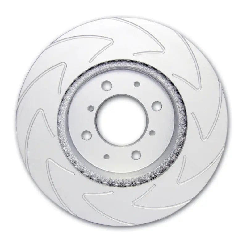 Silver slotted disc brake rotor with central hub for supercharged BSD rear on Cadillac XLR-V