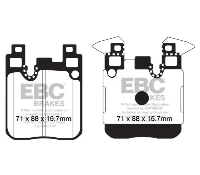 Two brake pad diagrams with dimensions.