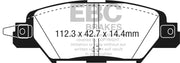 Diagram of EBC 2016 Mazda CX-5 rear brake pads with dimensions for Redstuff rear brake pads