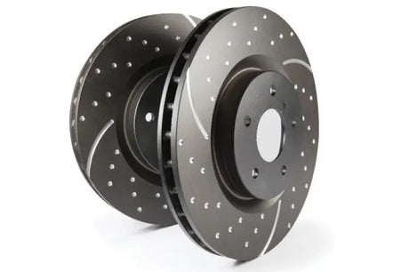Gray drilled and slotted brake rotors with thermic black coating for Land Rover Discovery