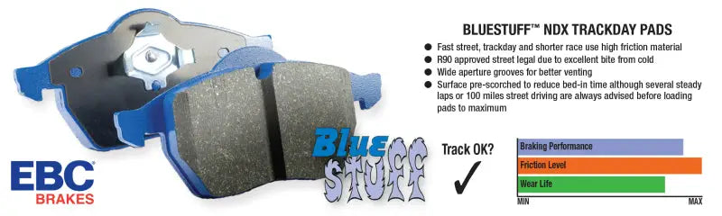 Blue brake pads for track day use from EBC Brakes Bluestuff series, high-performance brakes bluestuff