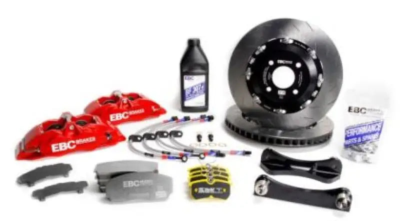Car brake kit showing EBC Racing Red Apollo-4 big brake kit for Mazda MX-5 ND